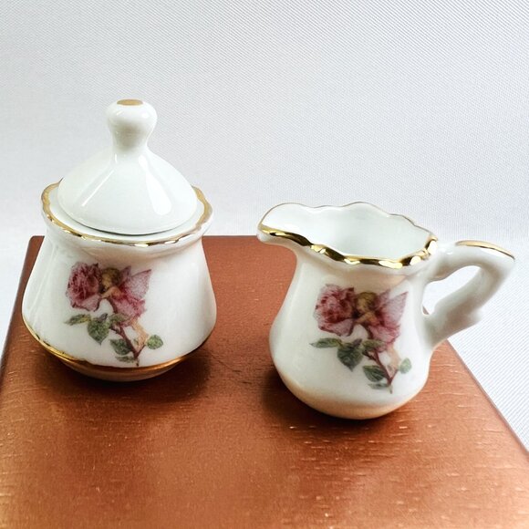 Vintage Miniature Porcelain Tea Set Teacup Sugar & Creamer Pink Floral 5 PCS - Picture 6 of 8